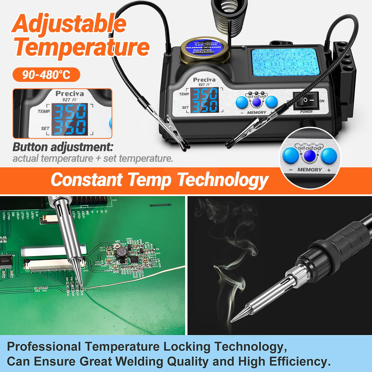 Lötstation, Preciva 60W Lötkolben mit 2 helfenden Hände Displayanzeige, Temperatur einstellbar 90~480°C, Standby-Modus Lötset für Hobbylöten