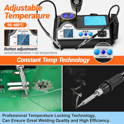 Lötstation, Preciva 60W Lötkolben mit 2 helfenden Hände Displayanzeige, Temperatur einstellbar 90~480°C, Standby-Modus Lötset für Hobbylöten