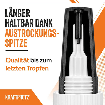 Sekundenkleber 3D Druck flüssig 50 g - Filament Kleber PLA ABS PETG TPU ASA | Allround, präzise dosierbar, transparent, wasserfest, hitzebeständig, Anti-Austrocknungsspitze, Modellbau, Drucker Zubehör