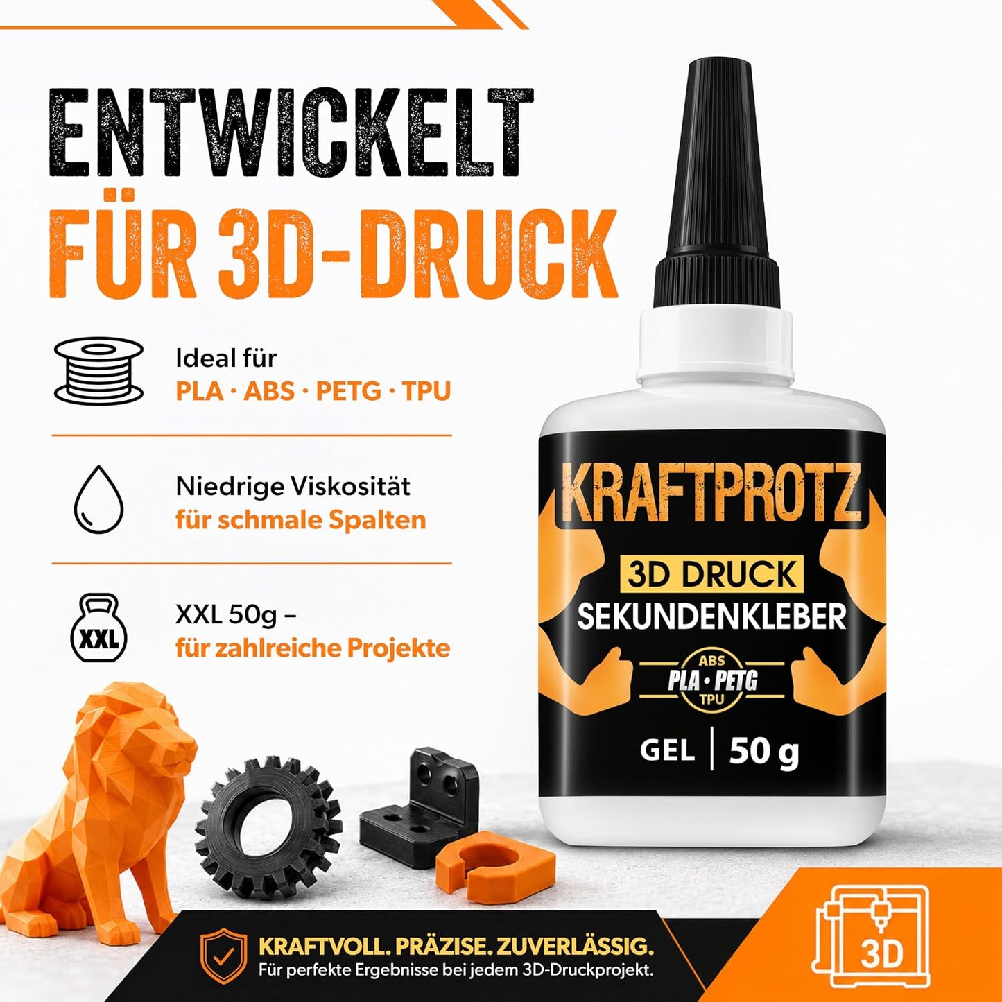 Sekundenkleber 3D Druck flüssig 50 g - Filament Kleber PLA ABS PETG TPU ASA | Allround, präzise dosierbar, transparent, wasserfest, hitzebeständig, Anti-Austrocknungsspitze, Modellbau, Drucker Zubehör