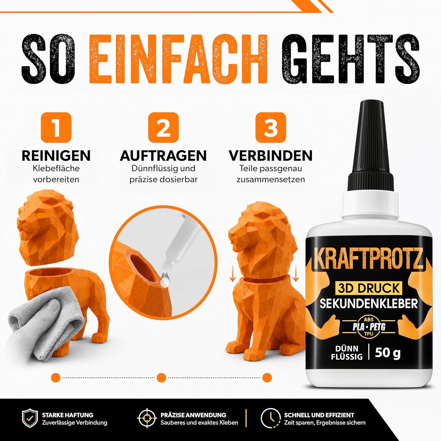 Sekundenkleber 3D Druck flüssig 50 g - Filament Kleber PLA ABS PETG TPU ASA | Allround, präzise dosierbar, transparent, wasserfest, hitzebeständig, Anti-Austrocknungsspitze, Modellbau, Drucker Zubehör