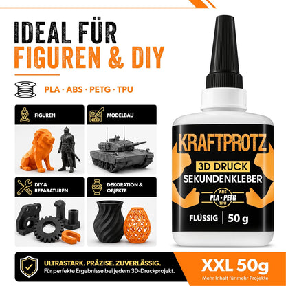 Sekundenkleber 3D Druck flüssig 50 g - Filament Kleber PLA ABS PETG TPU ASA | Allround, präzise dosierbar, transparent, wasserfest, hitzebeständig, Anti-Austrocknungsspitze, Modellbau, Drucker Zubehör