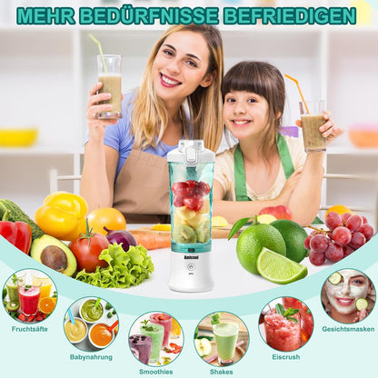 Mixer Smoothie Maker To Go, Mini Standmixer Tragbar mit 6-Klingen Edelstahl, Enstafter mit Reisedeckel, USB Portable Blender Elektrisch 600ml Bottle, Mixer Shaker Slushy Maker Wasserdichter