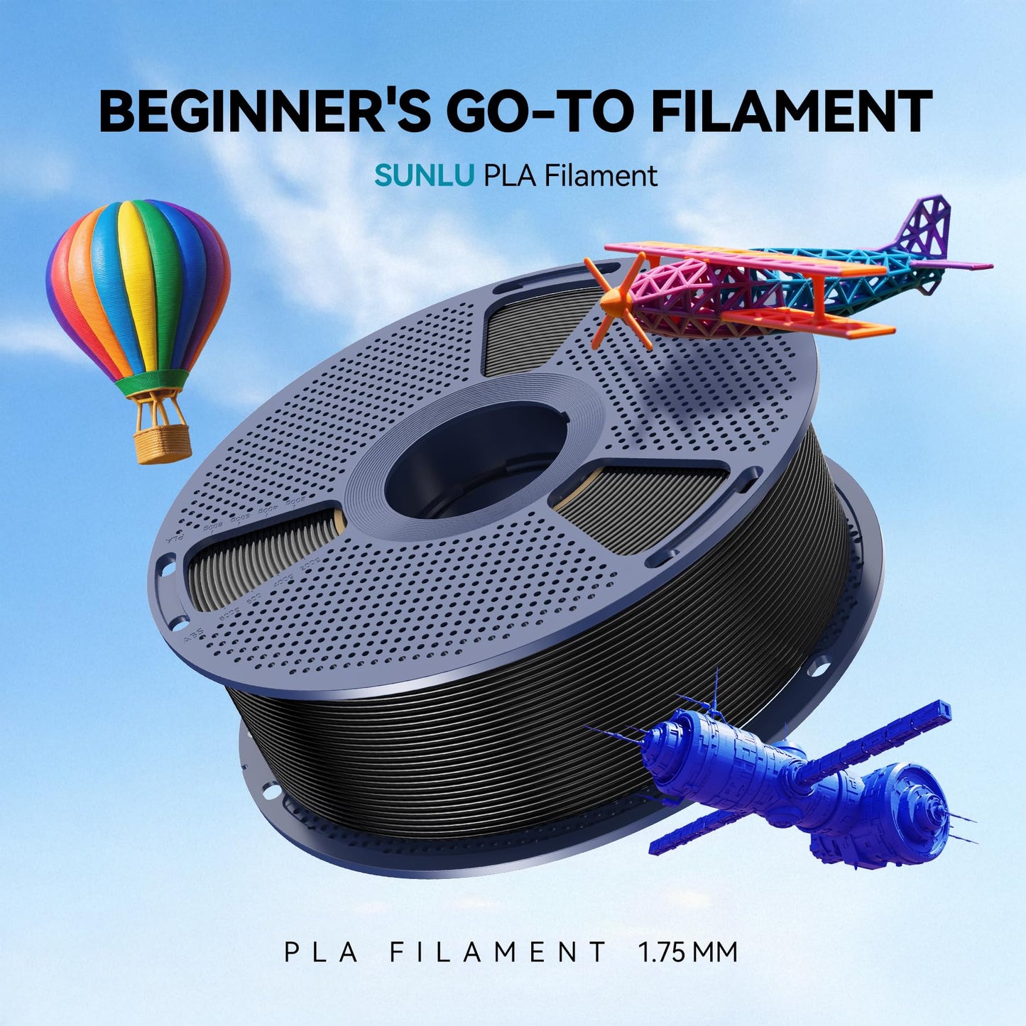 SUNLU PLA Filament 1.75mm, 3D Drucker Filament PLA Schwarz, Maßgenauigkeit +/- 0,02mm 1KG Spule