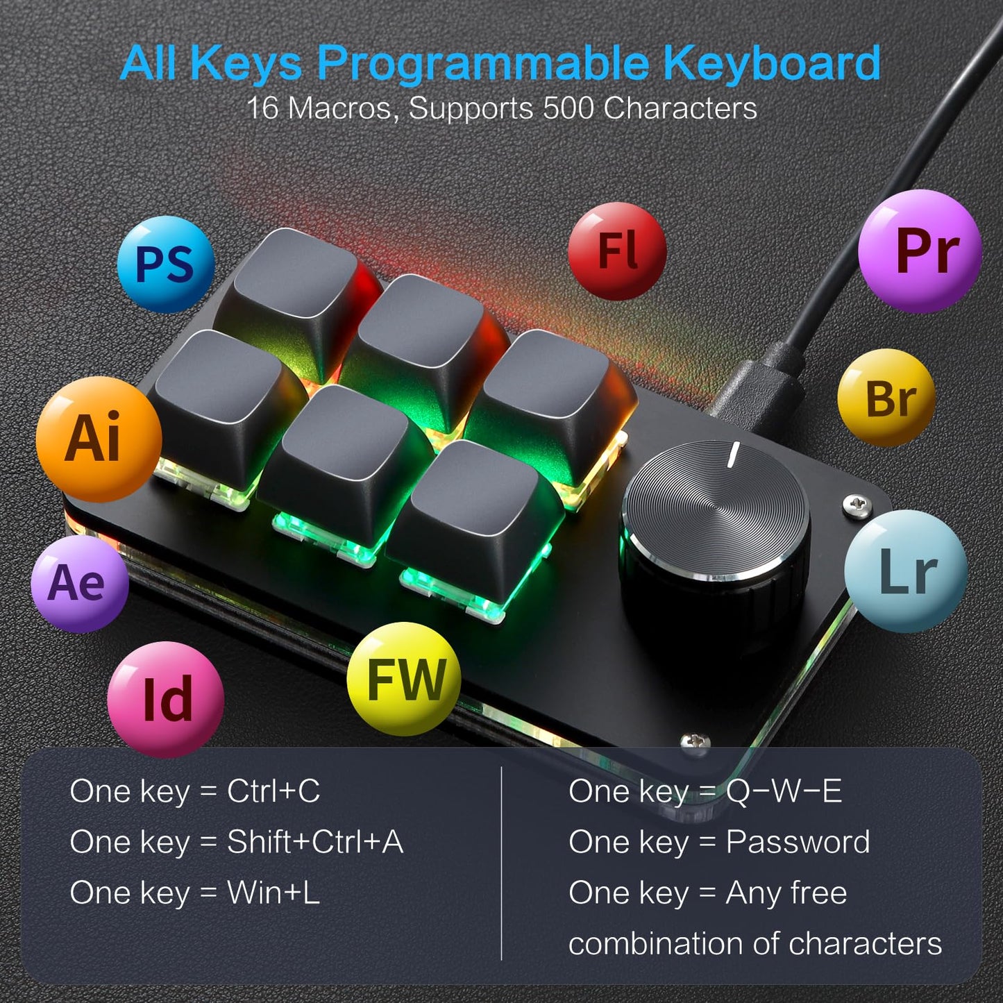 Koolertron 4 Tasten Programmierbare Tastatur Tragbar Mini mit Drehknopf