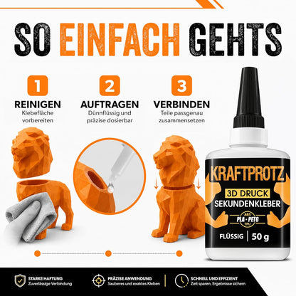 Sekundenkleber 3D Druck flüssig 50 g - Filament Kleber PLA ABS PETG TPU ASA | Allround, präzise dosierbar, transparent, wasserfest, hitzebeständig, Anti-Austrocknungsspitze, Modellbau, Drucker Zubehör