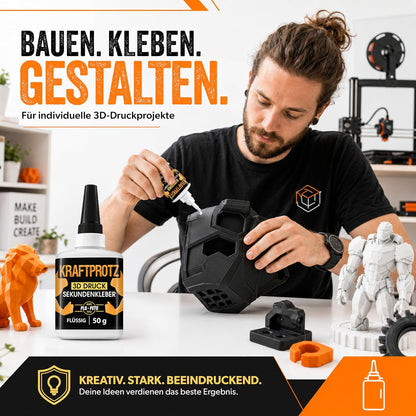 Sekundenkleber 3D Druck flüssig 50 g - Filament Kleber PLA ABS PETG TPU ASA | Allround, präzise dosierbar, transparent, wasserfest, hitzebeständig, Anti-Austrocknungsspitze, Modellbau, Drucker Zubehör