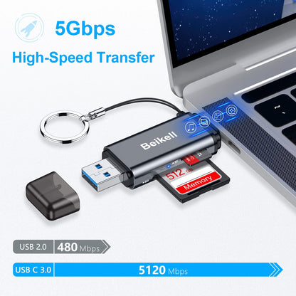 Beikell SD Kartenleser, Dual Stecker USB 3.0/USB C Kartenlesegerät Highspeed OTG Adapter, für SD/MMC/Micro SD/TF/SDXC/SDHC/Micro SDHC/Micro SDXC, Kompatibel mit Android/Windows/Mac OS usw.