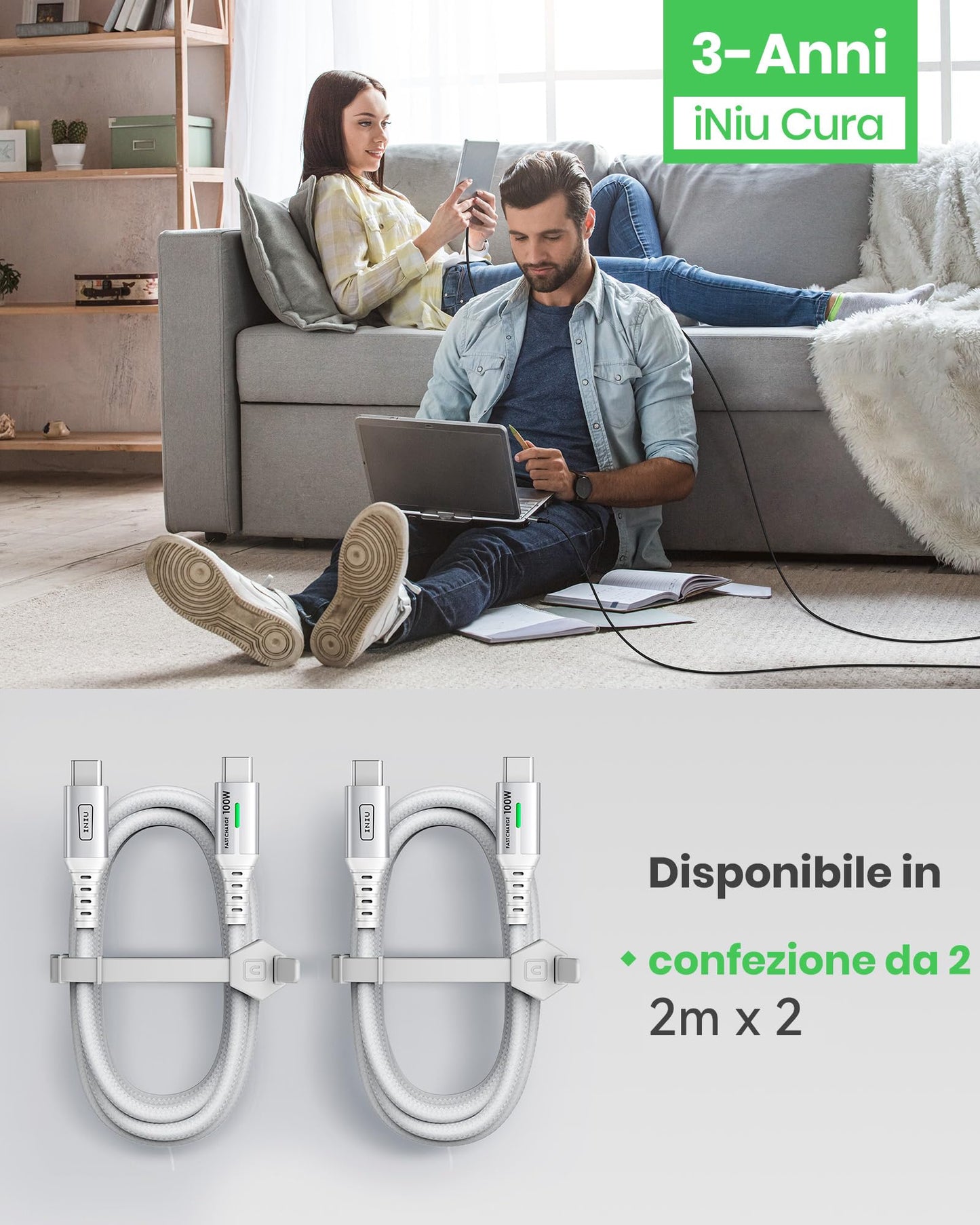 INIU USB C Kabel, 2m - 100W Power - Für Smartphones, Tablets & MacBooks (Notebooks)