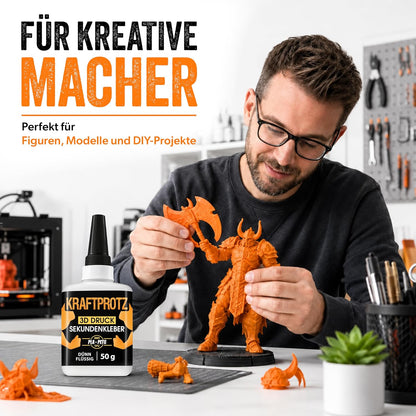 Sekundenkleber 3D Druck flüssig 50 g - Filament Kleber PLA ABS PETG TPU ASA | Allround, präzise dosierbar, transparent, wasserfest, hitzebeständig, Anti-Austrocknungsspitze, Modellbau, Drucker Zubehör
