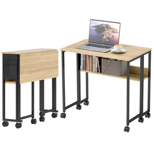 HOMCOM Klappbarer Schreibtisch auf Rollen, Computertisch 80 x 50 cm mit Regal und Aufbewahrungstasche, Schreibtisch für Home Office, Schlafzimmer, kleine Räume, Eiche   Aosom