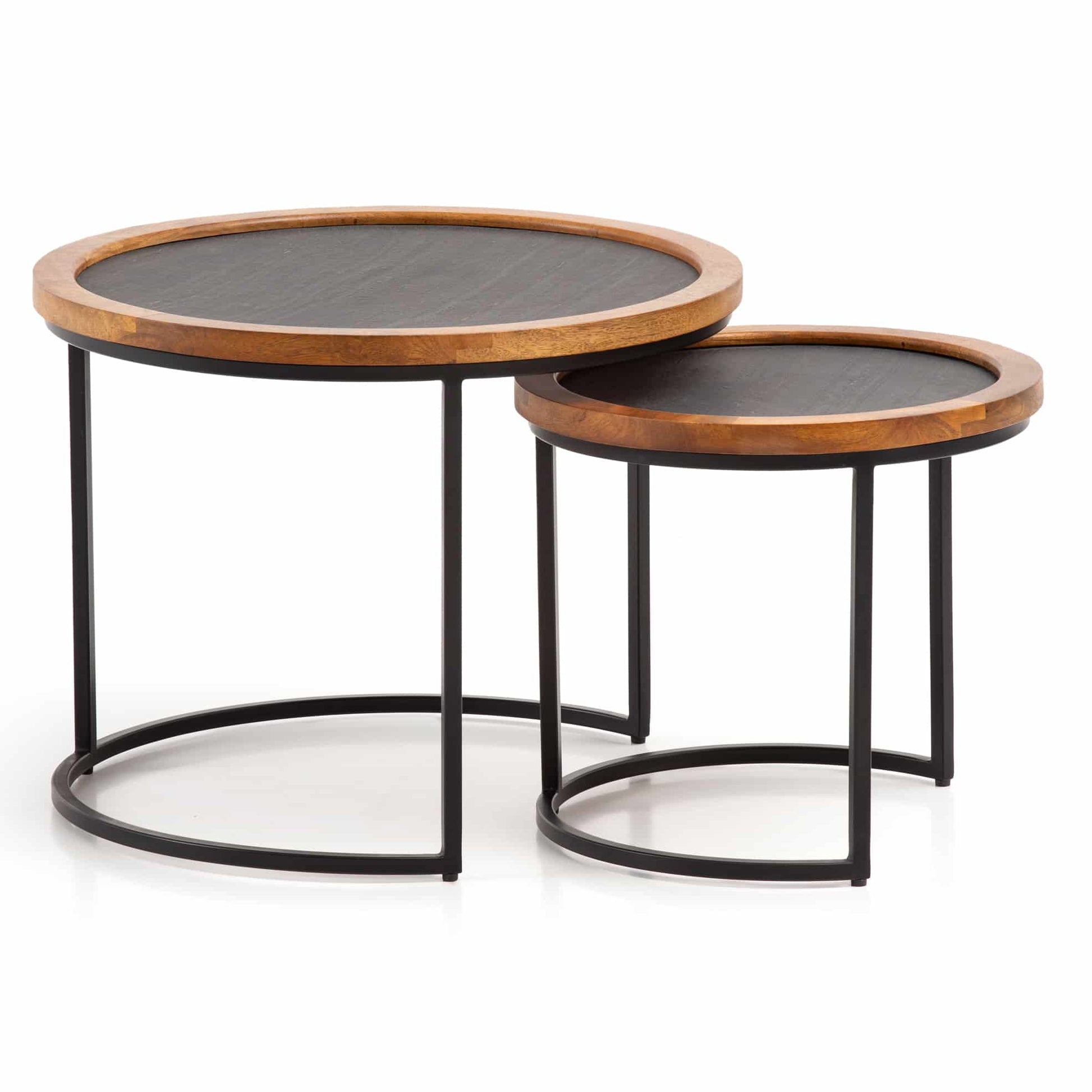 Couchtisch 2er Set Mango Massivholz / Steinoptik Wohnzimmertisch Rund