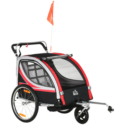 HOMCOM Kinderfahrradanhänger 2 in 1 mit Federung, Mesh-Tür, 360° drehbarem Vorderrad und Bremse, Rot und Schwarz, 142x75x101cm   Aosom.de