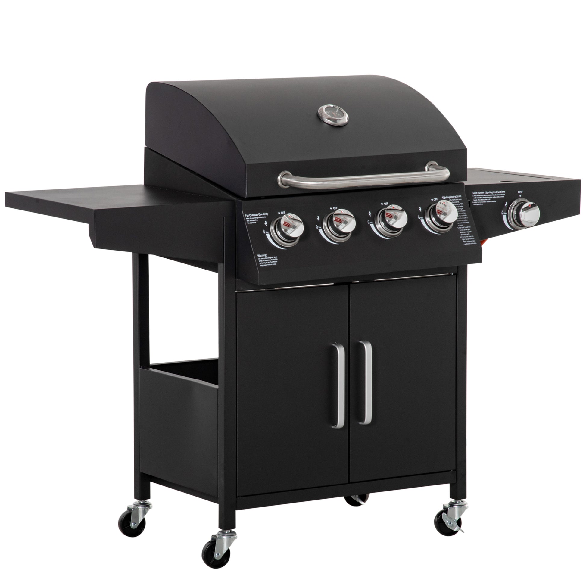 Outsunny Gasgrill BBQ mit 3 Brennern, je 3 kw, mobiler Grillwagen mit Rädern, Grillnetz, Seitentischen, 132,4cm x 55cm x 109cm   Aosom
