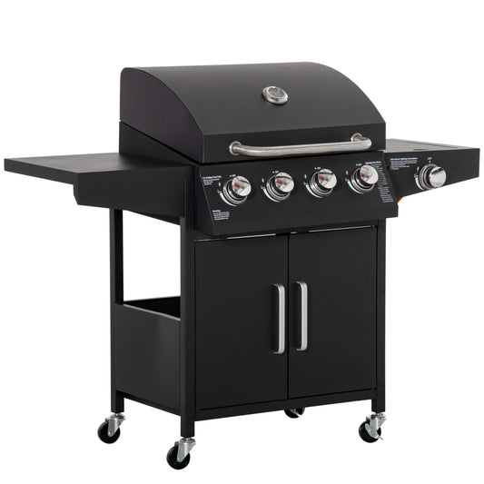 Outsunny Gasgrill BBQ mit 3 Brennern, je 3 kw, mobiler Grillwagen mit Rädern, Grillnetz, Seitentischen, 132,4cm x 55cm x 109cm   Aosom