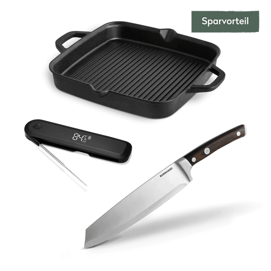 Steak Lover Set | Gusseiserne Grillpfanne 26 cm | inkl. Kochmesser und Einstichthermometer