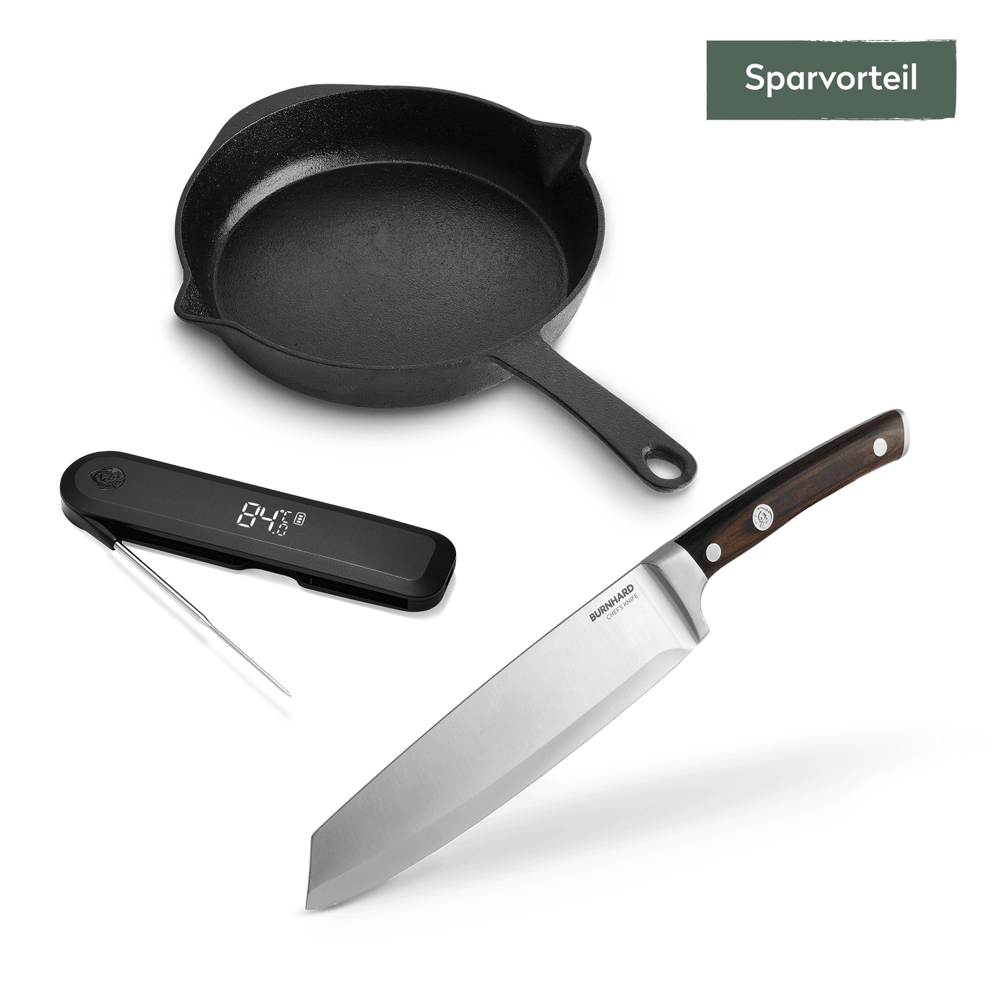 Steak Lover Set | Gusseiserne Bratpfanne 26 cm | inkl. Kochmesser und Einstichthermometer