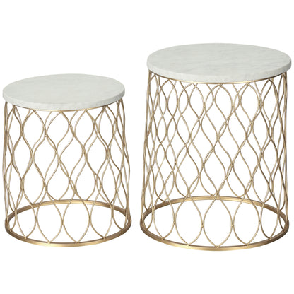 Outsunny 2er Set Gartentische Beistelltische Retro Drahtkorb Design Metallkorb Garten Satztisch Outdoor Ø41x46cm in Gold und Weiß   Aosom.de