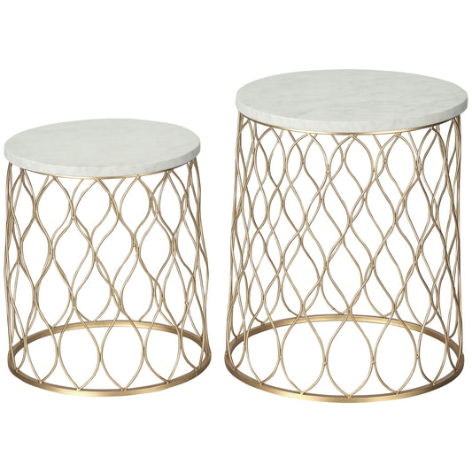 Outsunny 2er Set Gartentische Beistelltische Retro Drahtkorb Design Metallkorb Garten Satztisch Outdoor Ø41x46cm in Gold und Weiß   Aosom.de