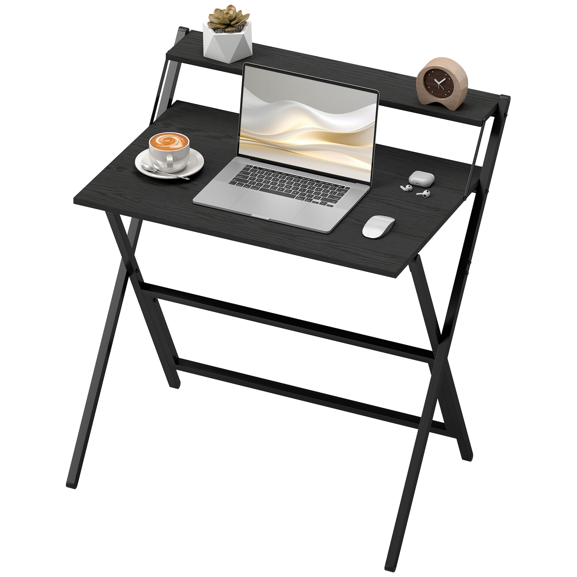 HOMCOM Schreibtisch Platzsparend Klappbar mit Monitorregal, Computertisch Klein und Klappbar für Büro und Studium, aus Edelstahl, 81,5x62x86,5 cm, Schwarz   Aosom