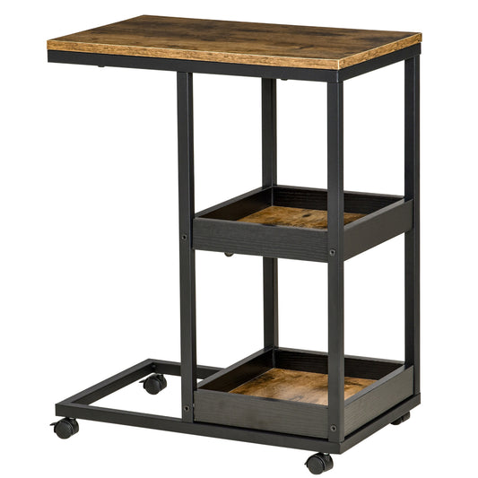 HOMCOM Beistelltisch, Couchtisch mit Rollen, Ablage, Kaffeetisch im Industrie-Stil für Wohnzimmer, Schlafzimmer, Dunkelbraun, 51 x 33 x 66 cm   Aosom