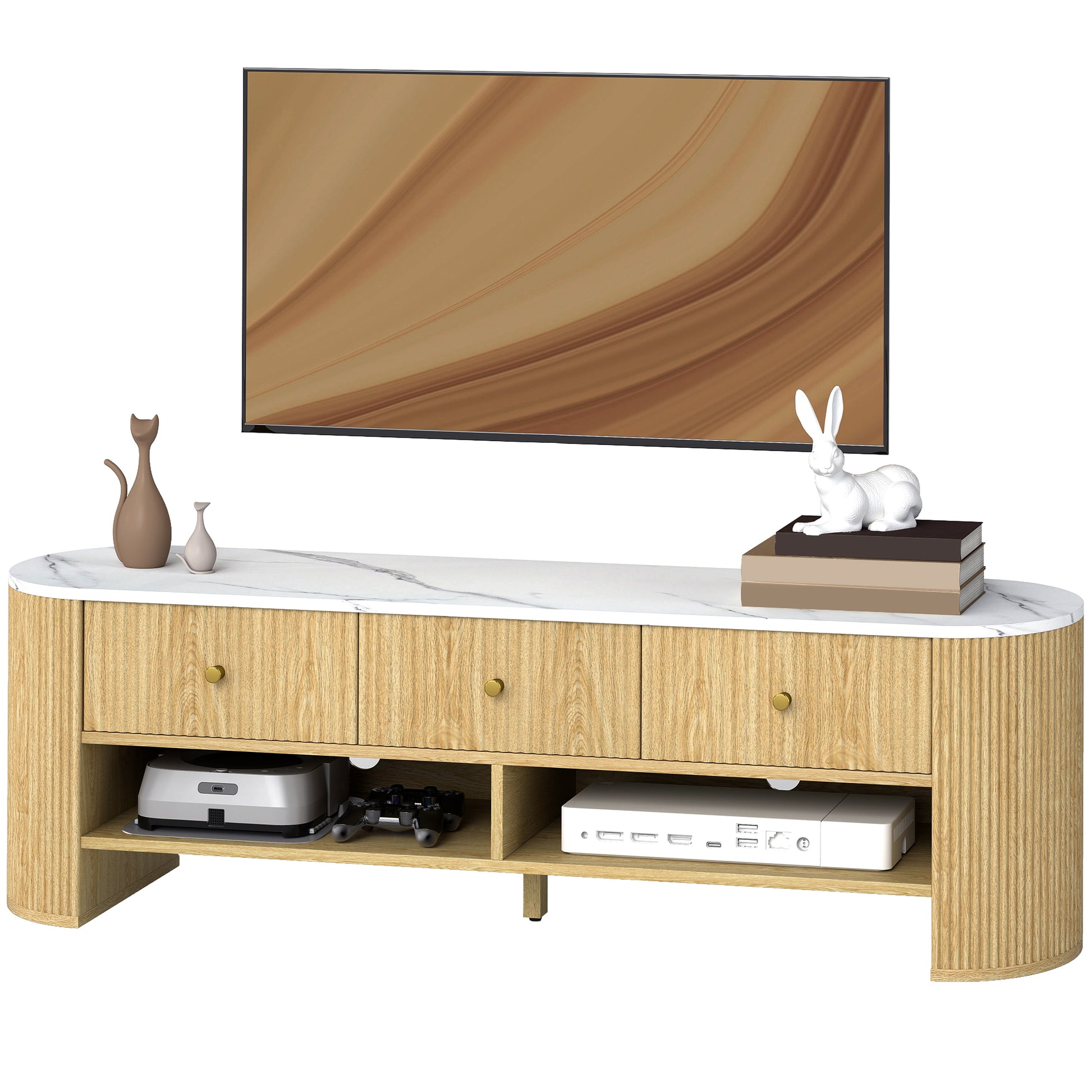 HOMCOM TV-Schrank 140 cm, TV-Möbel für 32-65-Zoll-Fernseher mit Marmoreffekt, 3 gerillte Schubladenfronten, 2 offene Regale und 2 Kabeldurchführungen, moderner TV-Schrank mit Naturholzeffekt   Aosom