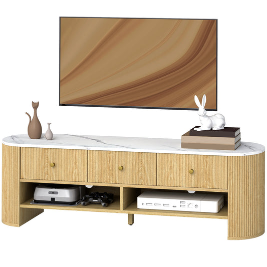 HOMCOM TV-Schrank 140 cm, TV-Möbel für 32-65-Zoll-Fernseher mit Marmoreffekt, 3 gerillte Schubladenfronten, 2 offene Regale und 2 Kabeldurchführungen, moderner TV-Schrank mit Naturholzeffekt   Aosom