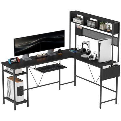 HOMCOM Modularer reversibler Eckschreibtisch, Schreibtisch mit Stauraum 160-240 cm im Industriestil - Steckdose und USB-Port, Aufbewahrungsregale und Tastaturablage, Computertisch für 2 Personen, Schwarz   Aosom