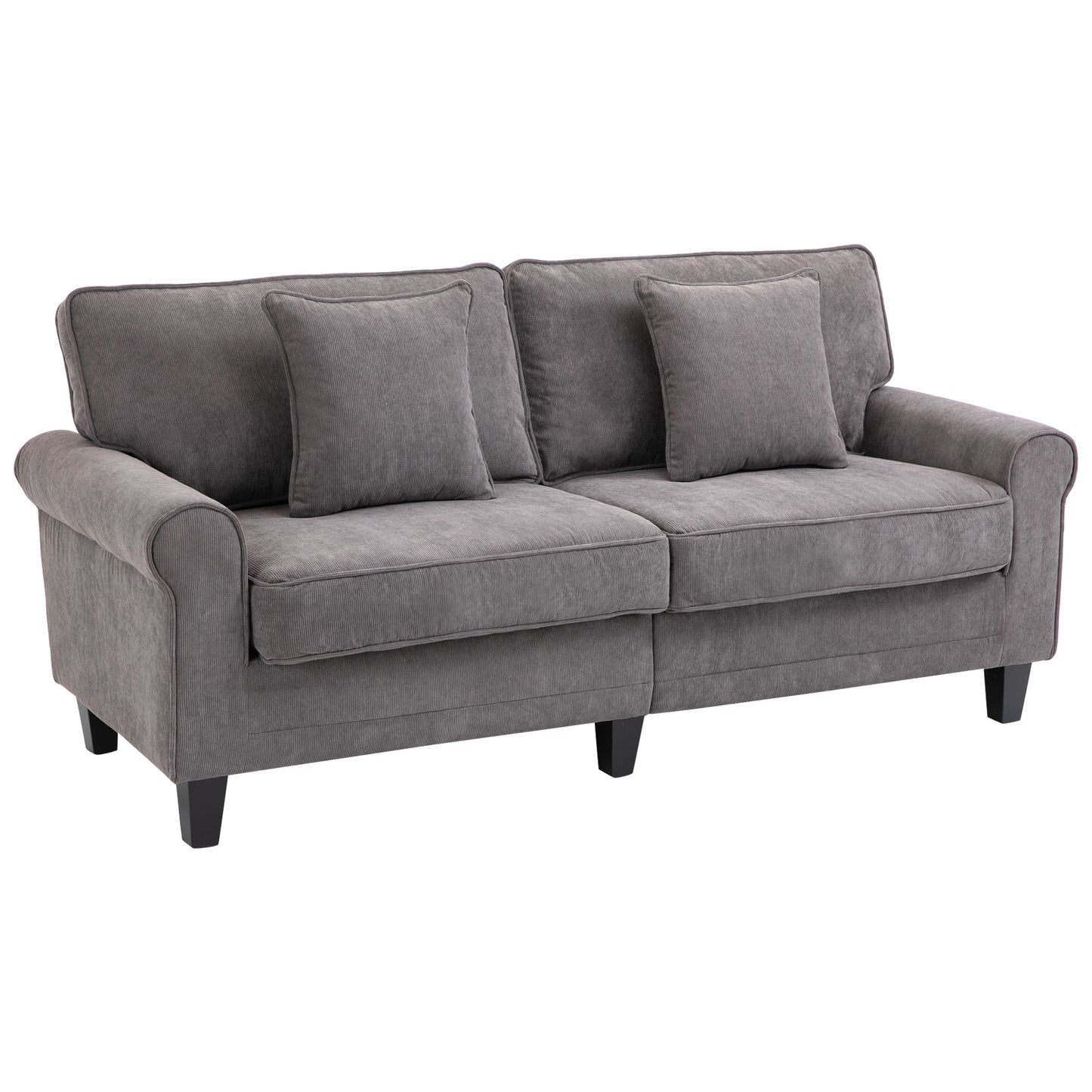 HOMCOM 3-Sitzer-Sofa aus geripptem Samtstoff, Sofa für Wohnzimmer, 197 cm, mit gepolsterten Armlehnen und Rückenlehne, Sofa mit 2 Kissen, massiven Pinienholzbeinen, für Wohnzimmer, Schlafzimmer, Büro, Grau   Aosom