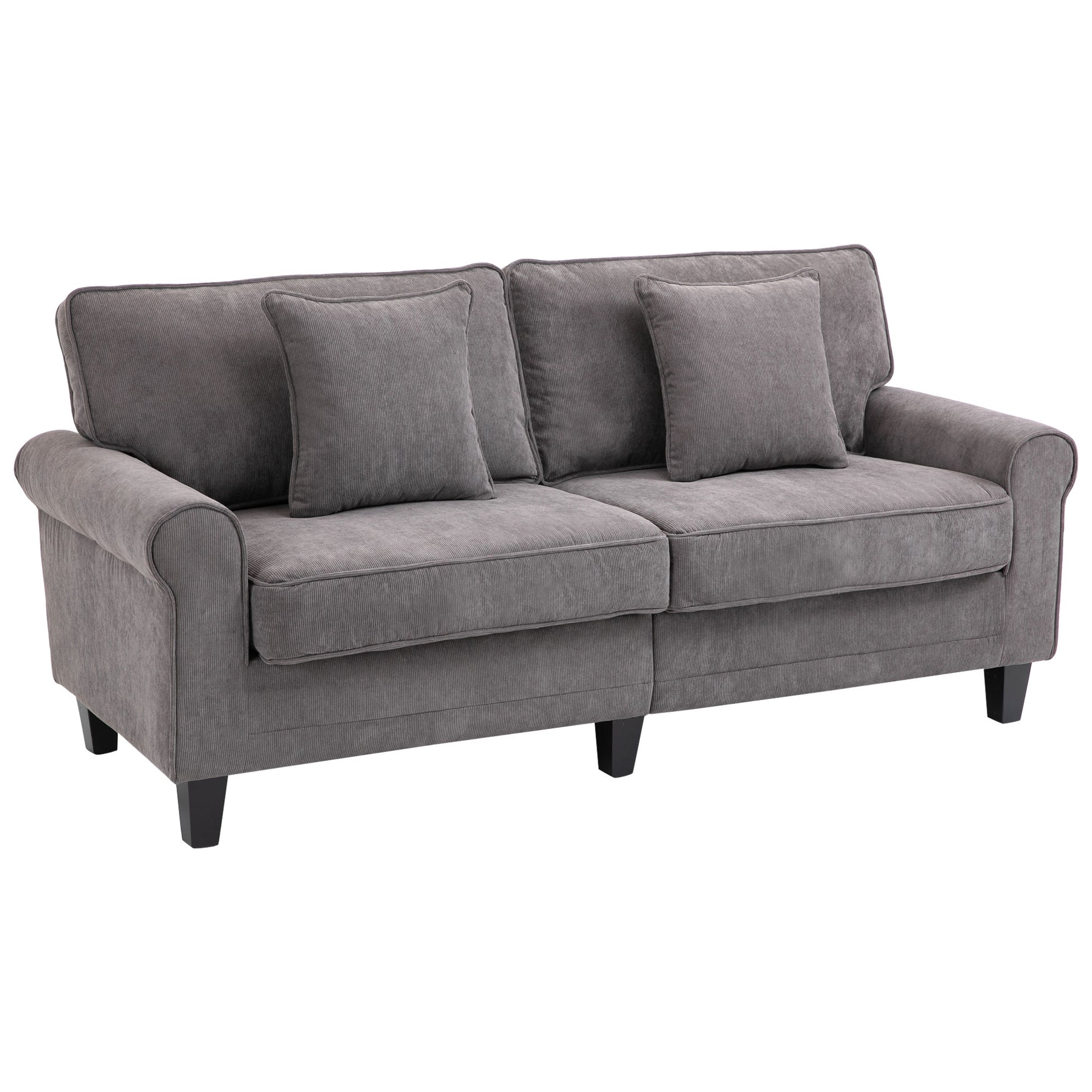 HOMCOM 3-Sitzer-Sofa aus geripptem Samtstoff, Sofa für Wohnzimmer, 197 cm, mit gepolsterten Armlehnen und Rückenlehne, Sofa mit 2 Kissen, massiven Pinienholzbeinen, für Wohnzimmer, Schlafzimmer, Büro, Grau   Aosom