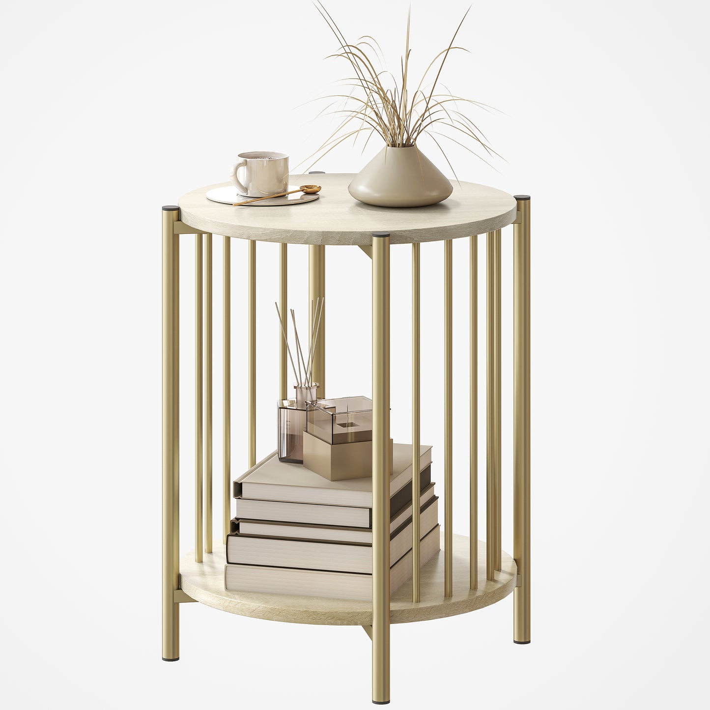 HOMCOM Runder Beistelltisch mit 2 Ebenen, moderner Beistelltisch mit Stauraumregal und Stahlrahmen für Wohnzimmer Schlafzimmer Ø41x49 cm Natur   Aosom