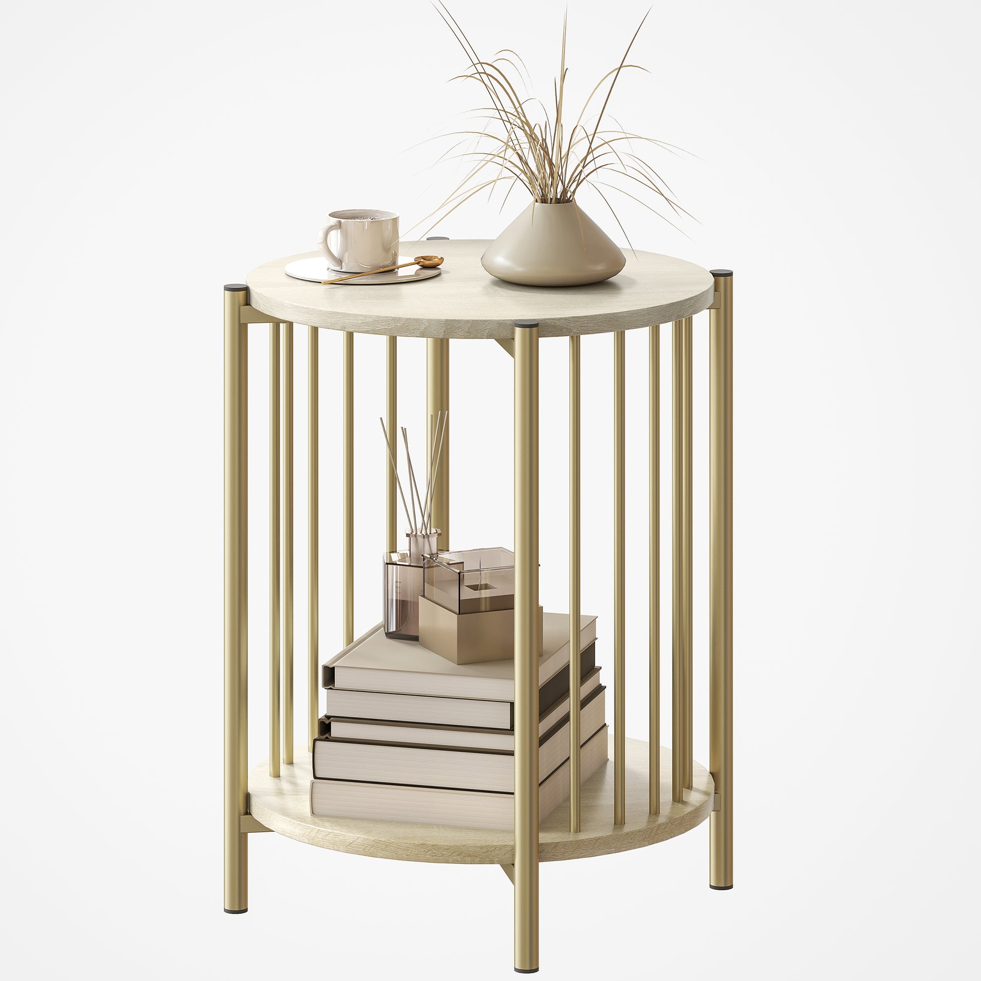 HOMCOM Runder Beistelltisch mit 2 Ebenen, moderner Beistelltisch mit Stauraumregal und Stahlrahmen für Wohnzimmer Schlafzimmer Ø41x49 cm Natur   Aosom