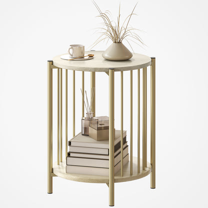 HOMCOM Runder Beistelltisch mit 2 Ebenen, moderner Beistelltisch mit Stauraumregal und Stahlrahmen für Wohnzimmer Schlafzimmer Ø41x49 cm Natur   Aosom