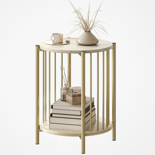 HOMCOM Runder Beistelltisch mit 2 Ebenen, moderner Beistelltisch mit Stauraumregal und Stahlrahmen für Wohnzimmer Schlafzimmer Ø41x49 cm Natur   Aosom