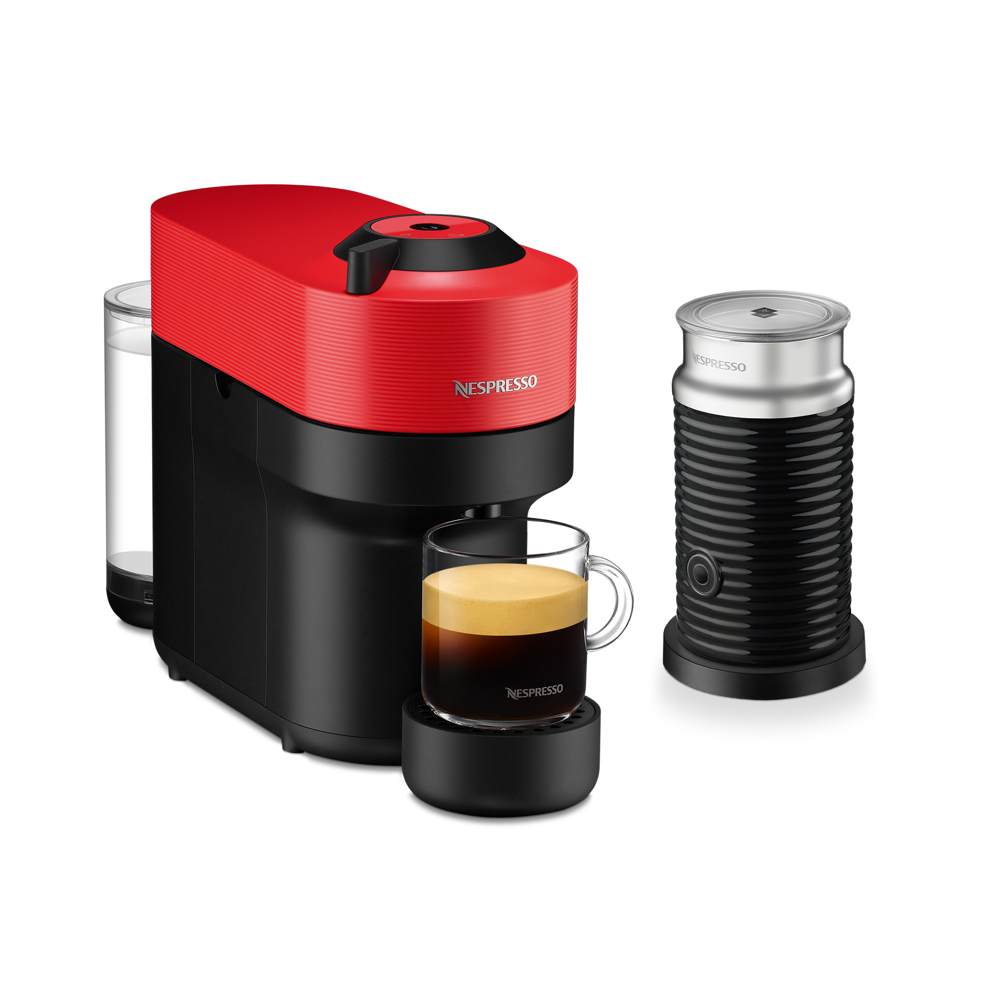 Nespresso VERTUO Pop Spicy Red & Aeroccino 3 schwarz Vertuo Kaffeemaschine