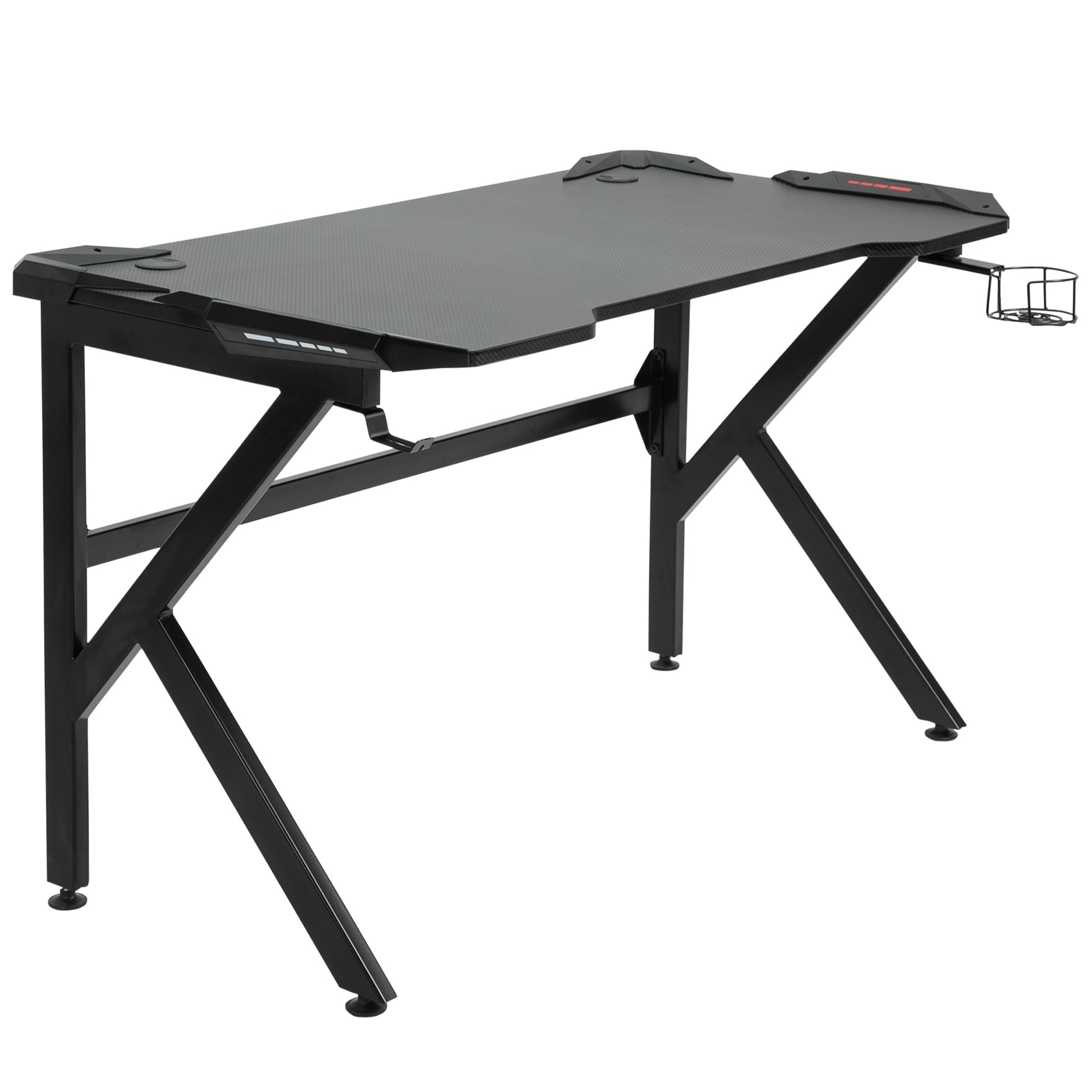 HOMCOM Gaming-Schreibtisch Gamer-Schreibtisch Computertisch mit Kopfhörerhalter Getränkehalter Kabeldurchführungen inklusive Metall MDF Textur Karbonfaser Schwarz   Aosom