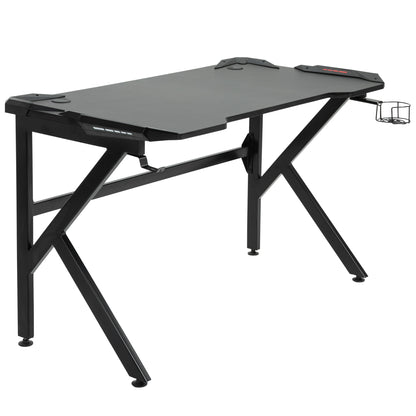 HOMCOM Gaming-Schreibtisch Gamer-Schreibtisch Computertisch mit Kopfhörerhalter Getränkehalter Kabeldurchführungen inklusive Metall MDF Textur Karbonfaser Schwarz   Aosom