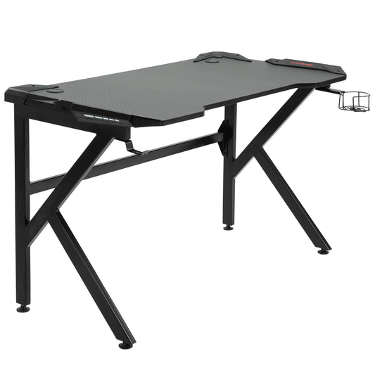 HOMCOM Gaming-Schreibtisch Gamer-Schreibtisch Computertisch mit Kopfhörerhalter Getränkehalter Kabeldurchführungen inklusive Metall MDF Textur Karbonfaser Schwarz   Aosom