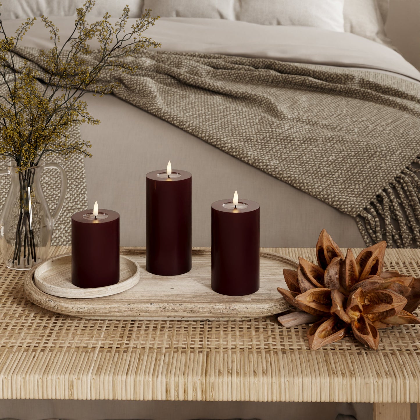 LED-Blockkerzen Ø 7,5 x 10 + 12,5 + 15 cm Burgunderrot