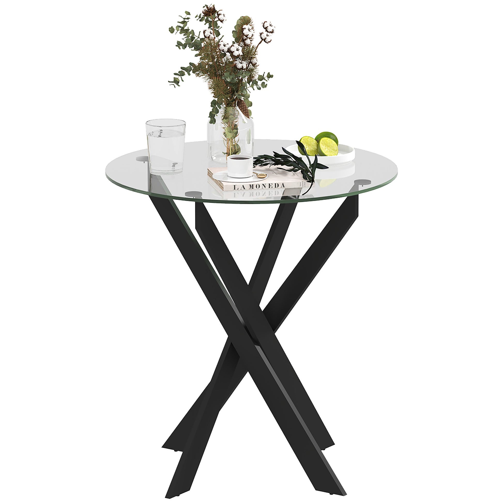 HOMCOM Esstisch, Rund Küchentisch für 4 Personen, Esszimmertisch mit Stahlbeinen, Tischplatte aus Hartglas, für Esszimmer, Küche, Ø70 x 75 cm, Modern Design, Schwarz+Transparent   Aosom