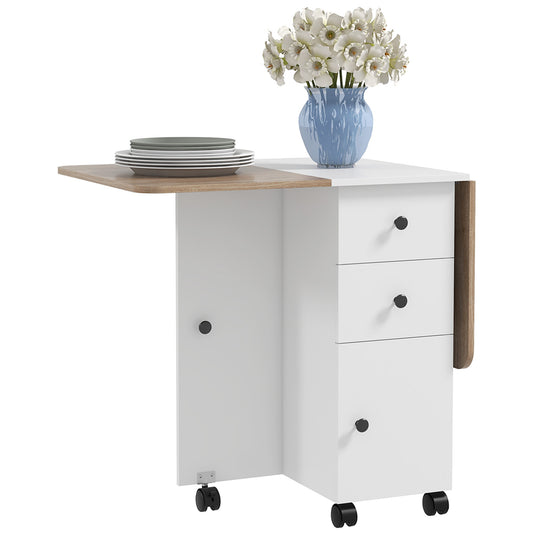 HOMCOM Klappbarer Küchentisch Esstisch mit 2 klappbaren Tabletts, 2 Schubladen, 1 Schrank und 1 Ablagefach 120 x 60 x 76,5 cm - Weiß und Eiche   Aosom