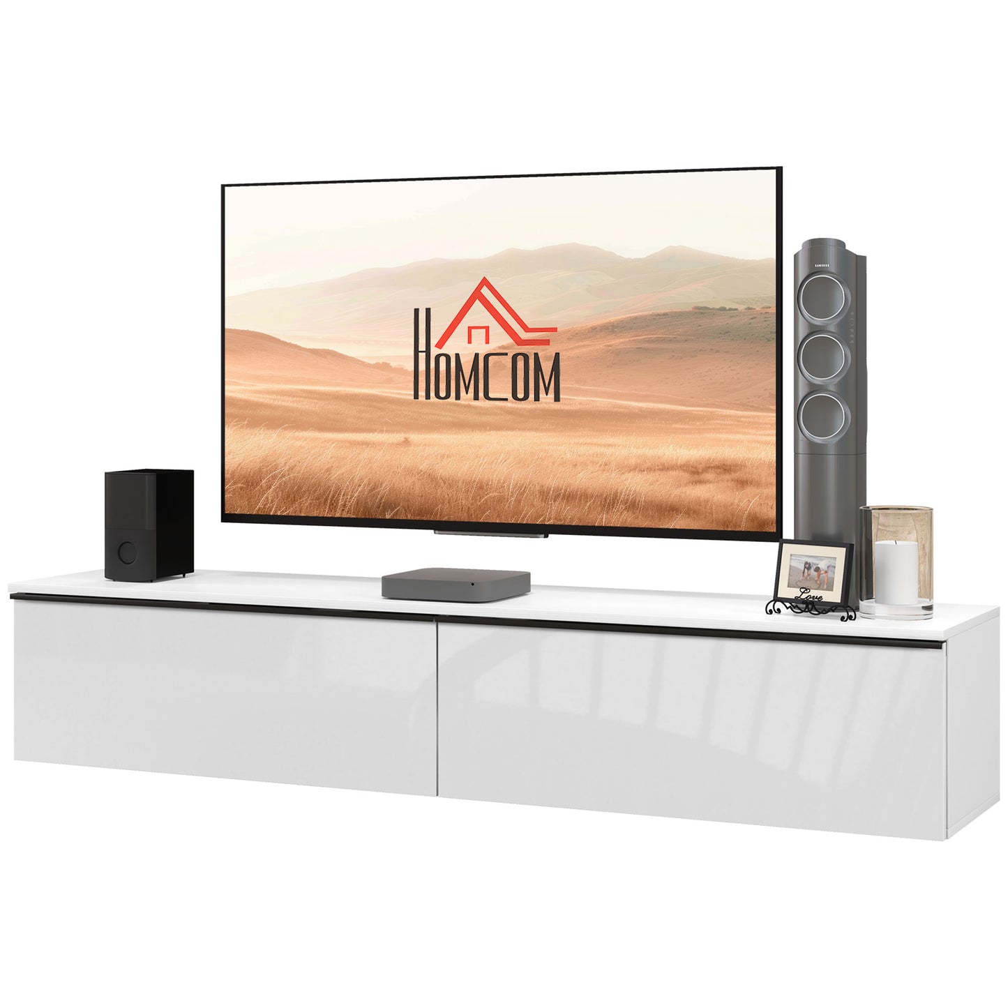 HOMCOM Wand-TV-Möbel, TV-Wandhalterung aus Holz, schwebendes TV-Bank für Fernseher bis 70 Zoll mit glänzender Effekttür, für Wohnzimmer-Schlafzimmer, 160 x 35 x 30 cm, Weiß   Aosom