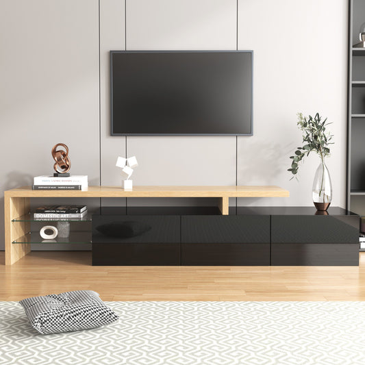 Fernsehschrank Modern Hochglanz Schwarz 197cm TV-Schrank mit Glasfach LED Beleuchtung Design, Holzoptik, Glasböden, Praktischer Stauraum   Aosom.de