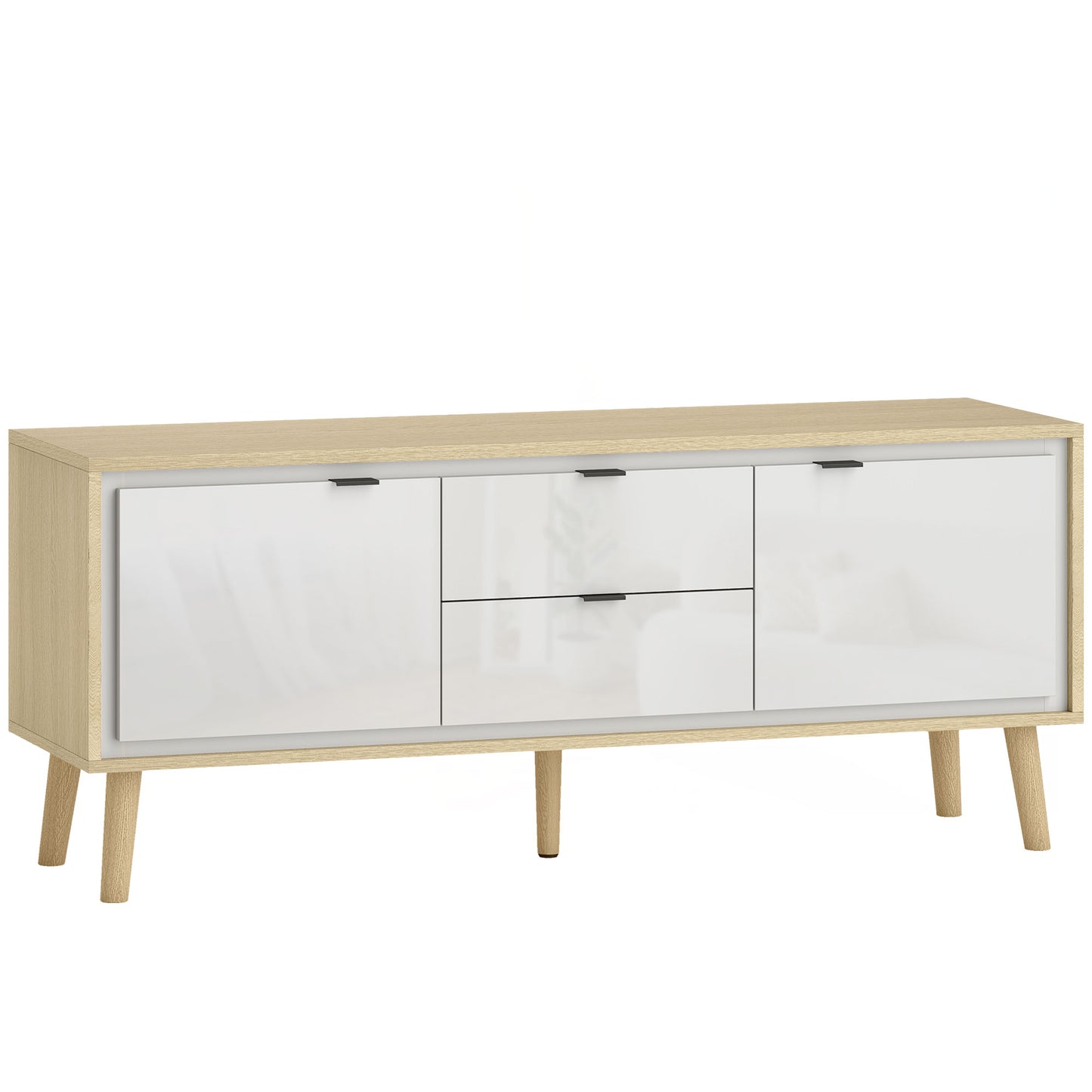 HOMCOM TV-Schrank 120 cm, 2 Hochglanztüren, TV-Möbel für bis zu 55 Zoll, 2 leise Schubladen, verstellbare Regale, moderner Stil, TV-Bank für Wohnzimmer, Schlafzimmer, Weiß und Eiche   Aosom