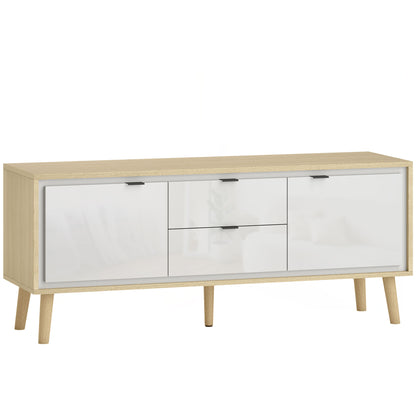 HOMCOM TV-Schrank 120 cm, 2 Hochglanztüren, TV-Möbel für bis zu 55 Zoll, 2 leise Schubladen, verstellbare Regale, moderner Stil, TV-Bank für Wohnzimmer, Schlafzimmer, Weiß und Eiche   Aosom