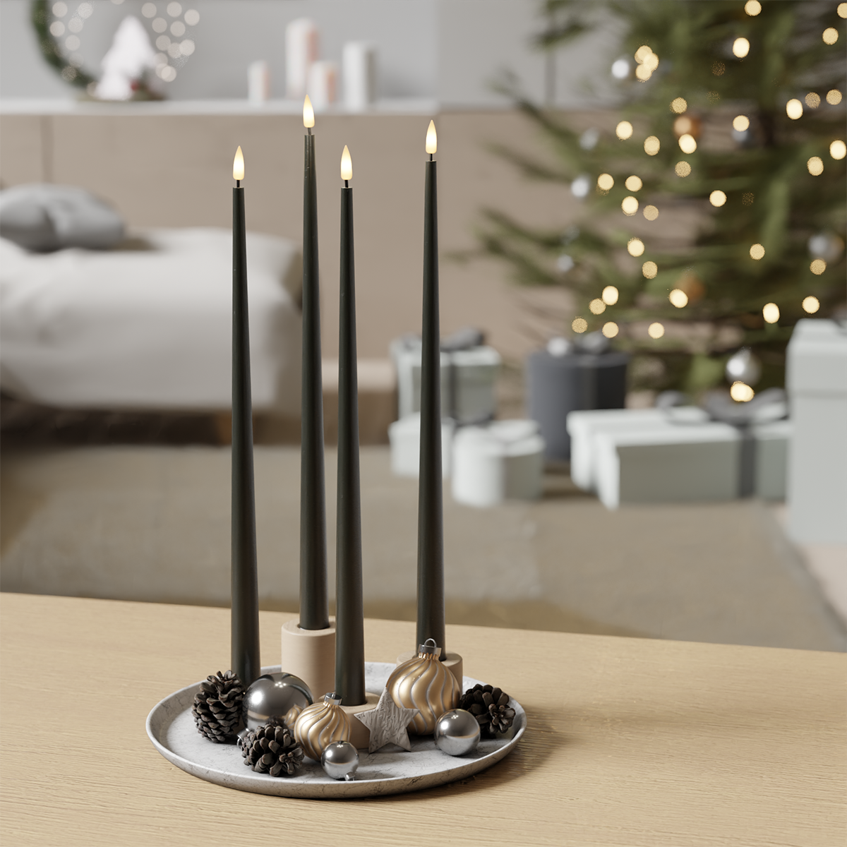 LED-Kerzenlicht Mit Lack im Set – Dunkelgrün – 4 Stück, 38 cm