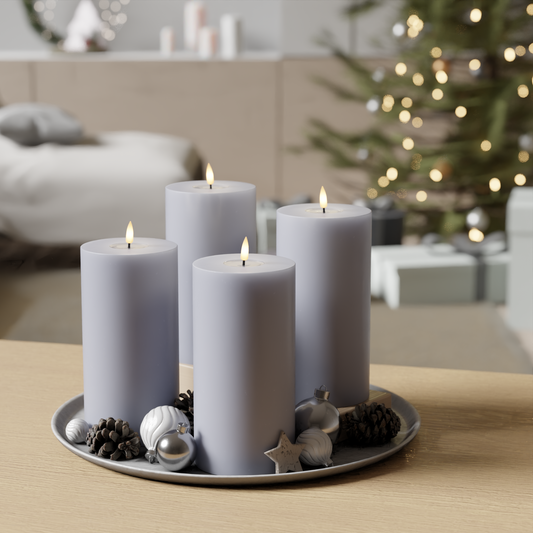 LED-Blockkerzen-Set – Mist Blue – 4 Stück, 10 x 20 cm