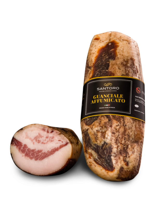 Guanciale intero affumicato,  luftgetrockneter Speck vom Schwein