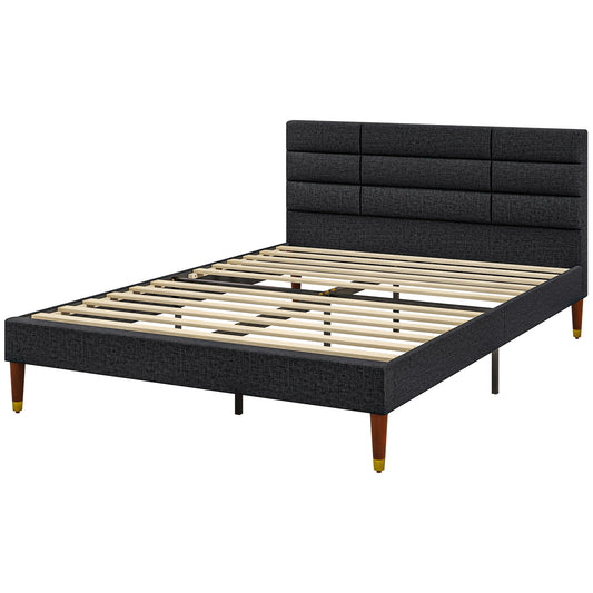 HOMCOM Doppelbettgestell 140 x 200 cm für 2 Personen - Höhe 17 cm mit Stauraum unter dem Bett, Lattenrost und gepolstertem Kopfteil - aus Holz und Stoff, Schwarz   Aosom