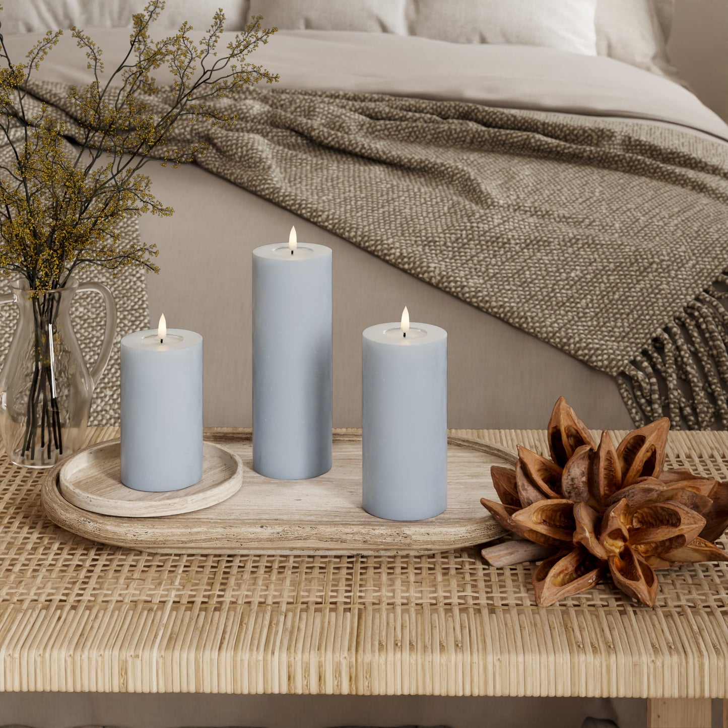 LED-Blockkerzen Ø 7,5 x 12,5+ 15 + 20 cm – Mist Blue